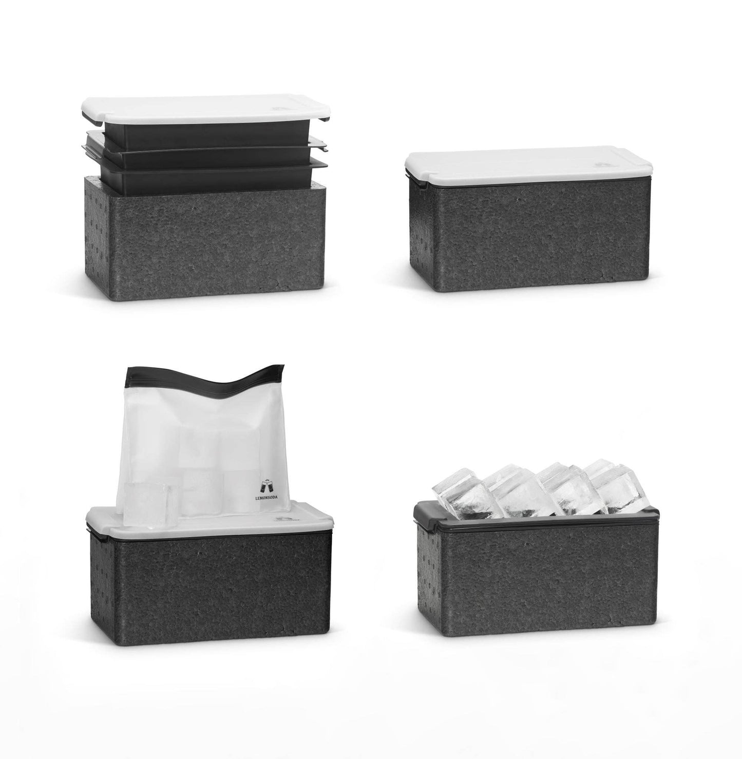 The Ice Cube Maker Tray - Eight 2" Squares Ice Cubes (1pc) is shown in four stages: empty tray, closed with white lid, open with filled water, and topped with crystal clear cubes—ideal for homemade cocktails. Set on a plain white background.