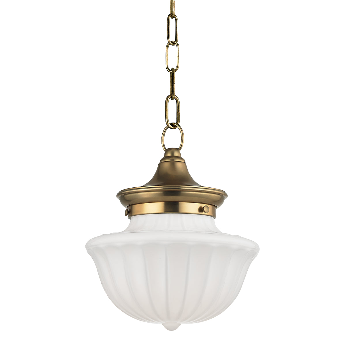 The Aged Brass Pendant features a vintage-style design with a frosted ribbed glass shade (approx. 9" x 11.25"), brass fixture, and brass chain suspension.