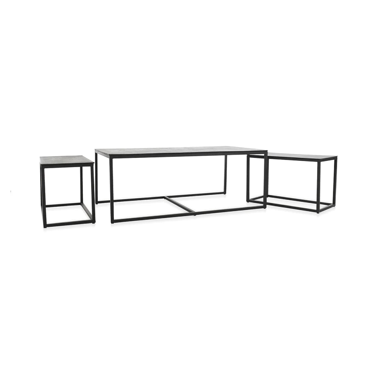 The Cast Aluminum Rectangle Coffee Table - Set of 3 features minimalist black metal frames and rectangular tops, with each table at a different height and angle, creating a sleek modern look against a white background.