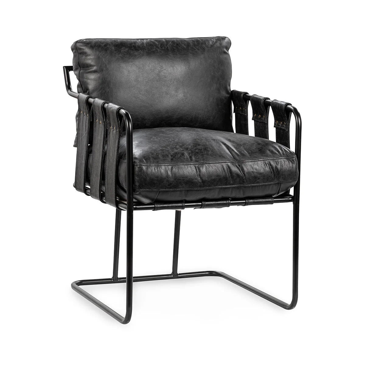 The Strap Dining Chair features a 21.5″W x 26.5″D x 32″H black metal frame, wide leather strap armrests and sides, and plush black cushions for a sleek, comfortable look.