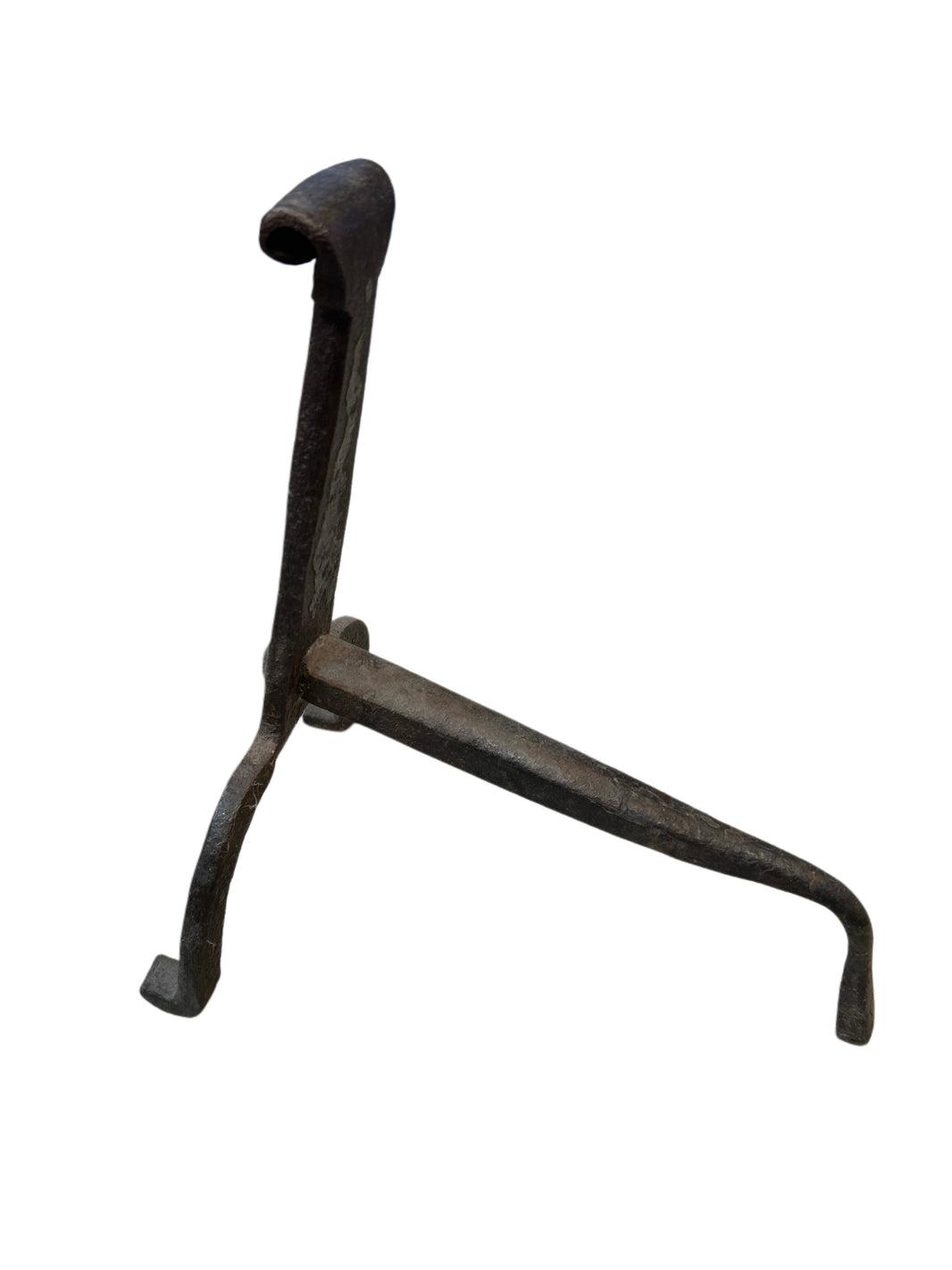 End Irons - Set of 2: A vintage set of three-legged metal tools with hooked ends and curved handles, possibly used as old blacksmith or fireplace tools, displayed on a white background.