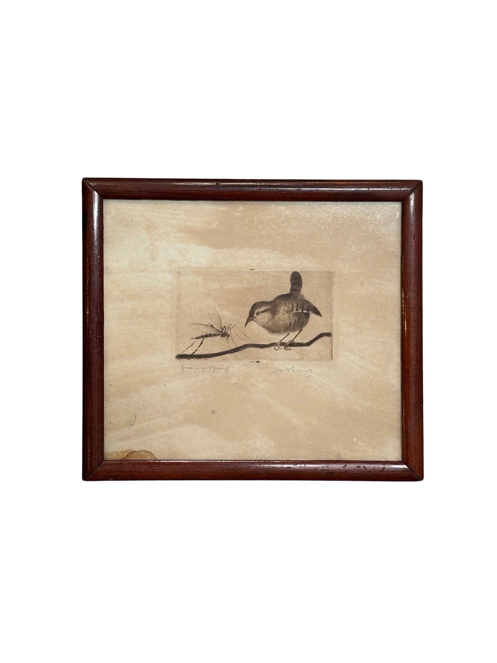 The Bird Picture is a monochromatic framed artwork showing a bird on a branch facing an insect, set against a light background, and presented in a simple wooden frame.