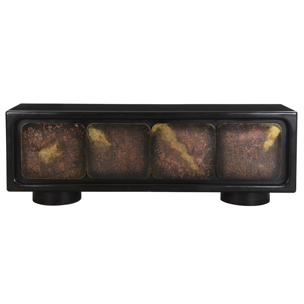 The Mazzy 4 Door Sideboard is a rectangular, modern piece with a satin black finished frame, featuring four front panels adorned with an abstract multi-color marbled brown and gold pattern, and supported by two cylindrical legs.
