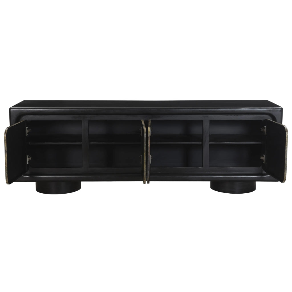 The Mazzy 4 Door Sideboard features a black rectangular modern design with a satin black finish frame and two open cabinet doors revealing internal shelves; this console stands on two round legs.