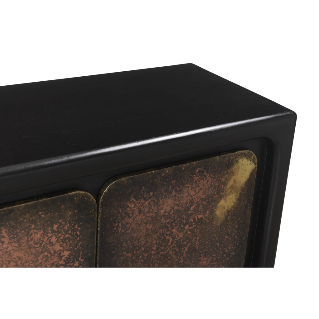 Close-up of the top corner of The Mazzy 4 Door Sideboard, highlighting its satin black finished frame and a textured, rustic metal panel with copper and gold tones. The background is plain white.