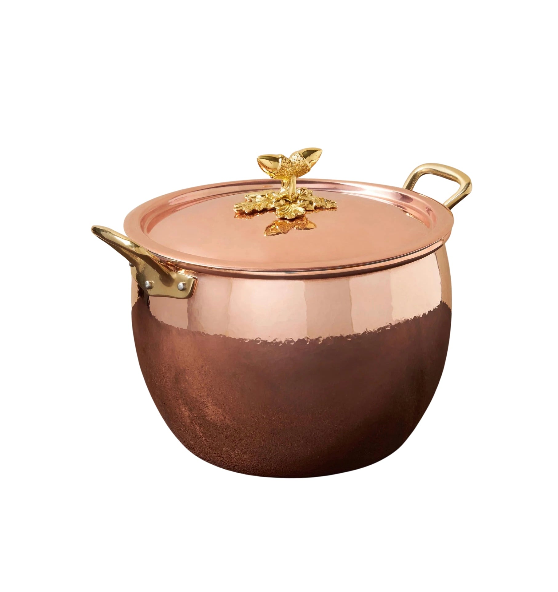 The Copper Stockpot, with a 7.5 qt capacity, features a shiny copper finish, matching lid, gold leaf-shaped knob, and gold handles. It is displayed against a white background.