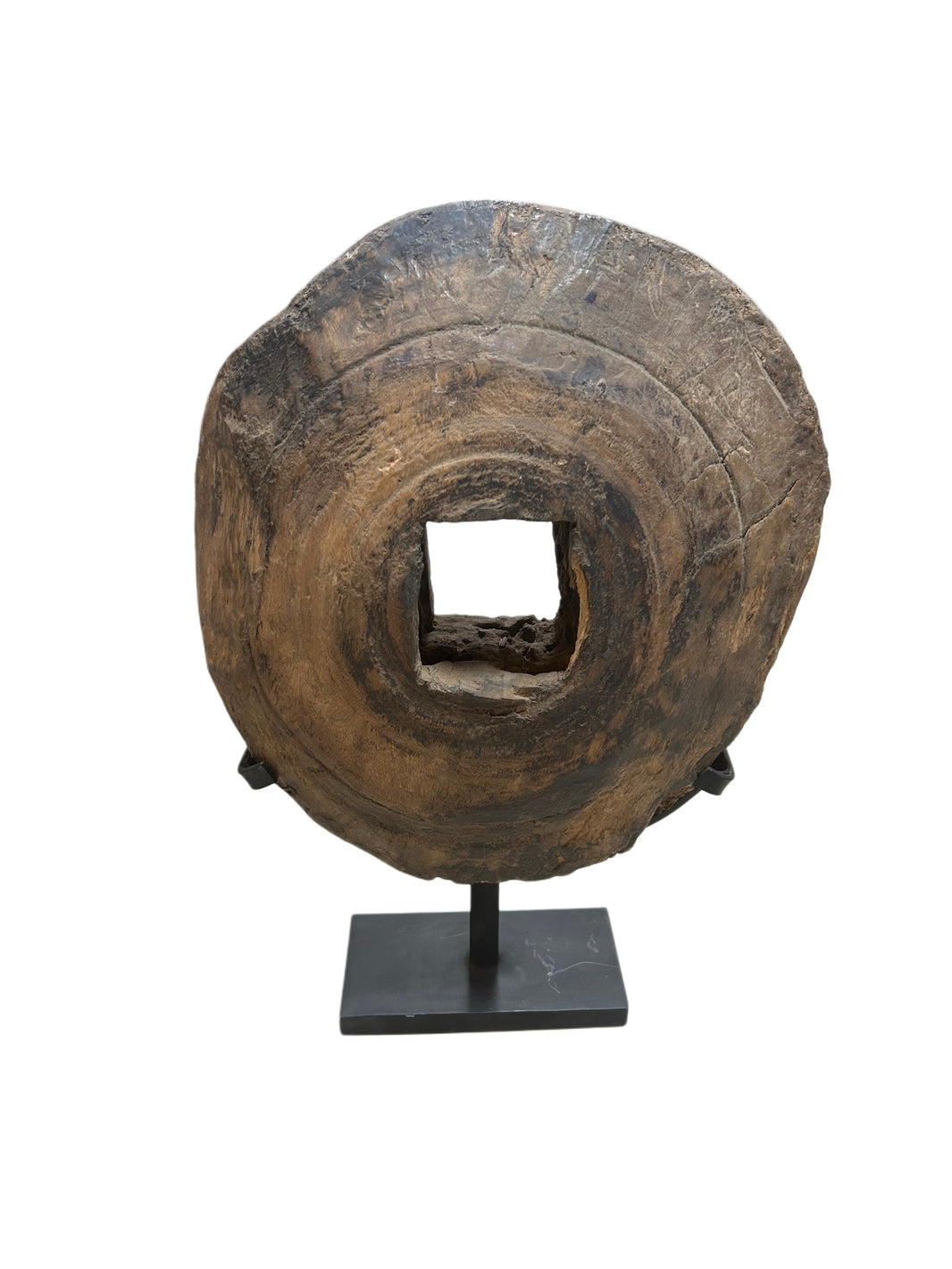 Notched Wood Disc Sculpture on Stand