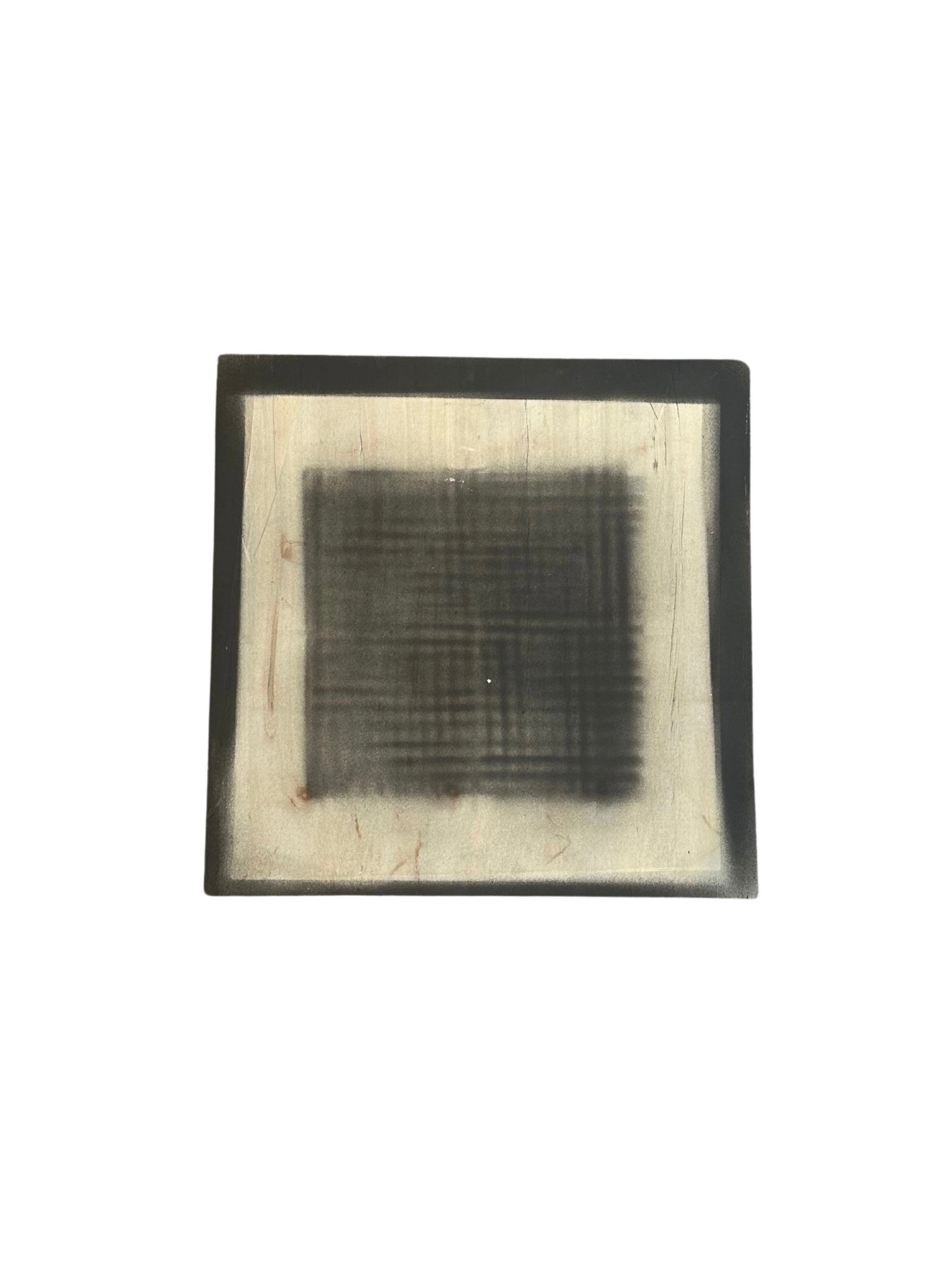 Spray Paint Wood Block #1 is a square canvas with a black border and intersecting dark lines in the center, creating an abstract, shadowy spray paint effect on a light background—ideal for modern wall decor.