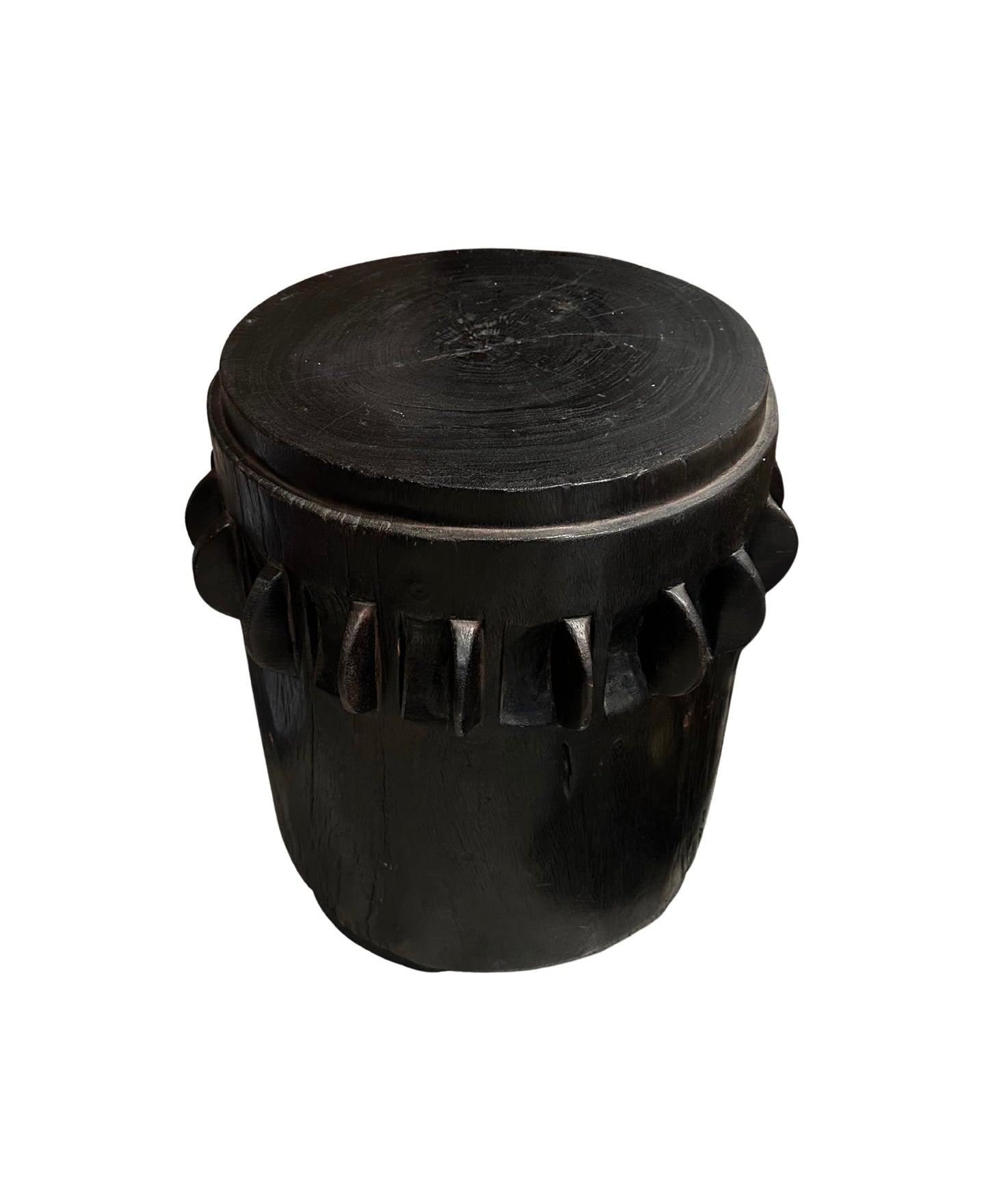 An Ebonized Wood Accent Table with a round, smooth top and decorative rectangular notches along the sides, shown against a white background.