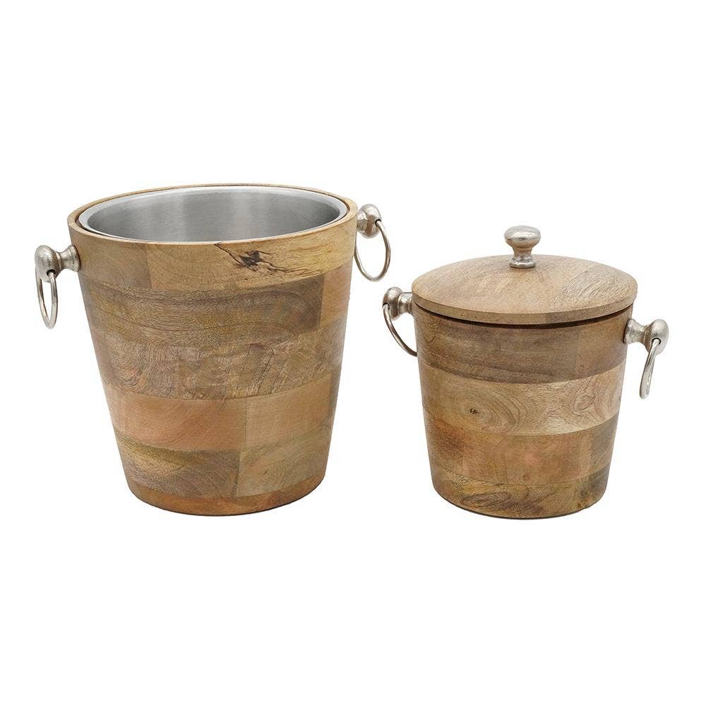 The Mango Wood Bar Buckets (Set of 2) include a metal-lined open ice bucket and a lidded container, both with silver-tone ring handles and a striking patchwork wood design for stylish beverage storage.