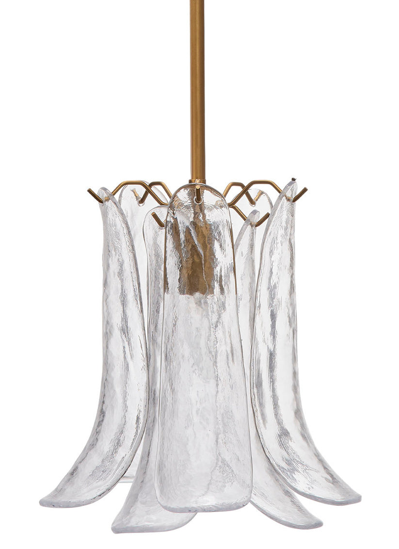 The Smoke Green Glass Petal Pendant features textured, smoke green glass panels shaped like flower petals, suspended from an antique brass rod.