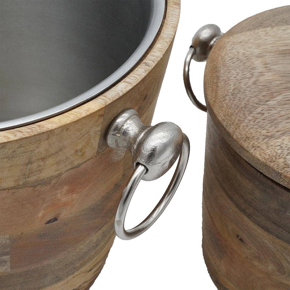 Close-up of Mango Wood Bar Buckets (Set of 2) with metal handles; one bucket is open to reveal a metal inner lining for drinks, while the other is closed with a matching wooden lid.