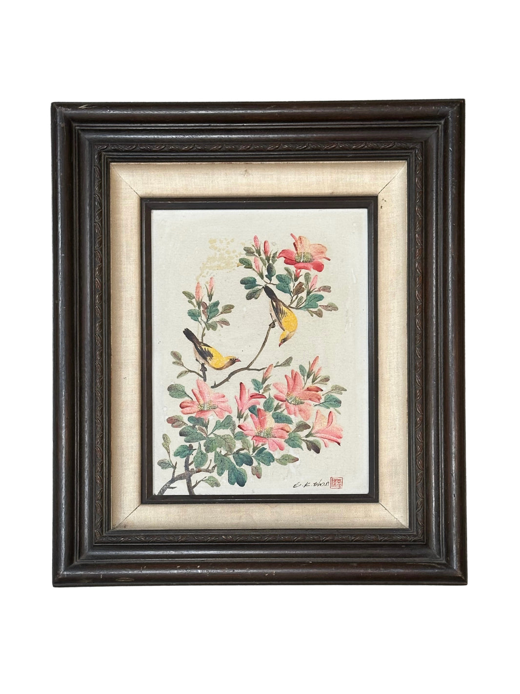 The Flower Painting features two yellow birds on flowering branches with pink blossoms and green leaves, set in a dark wooden frame with a cream-colored inner border.