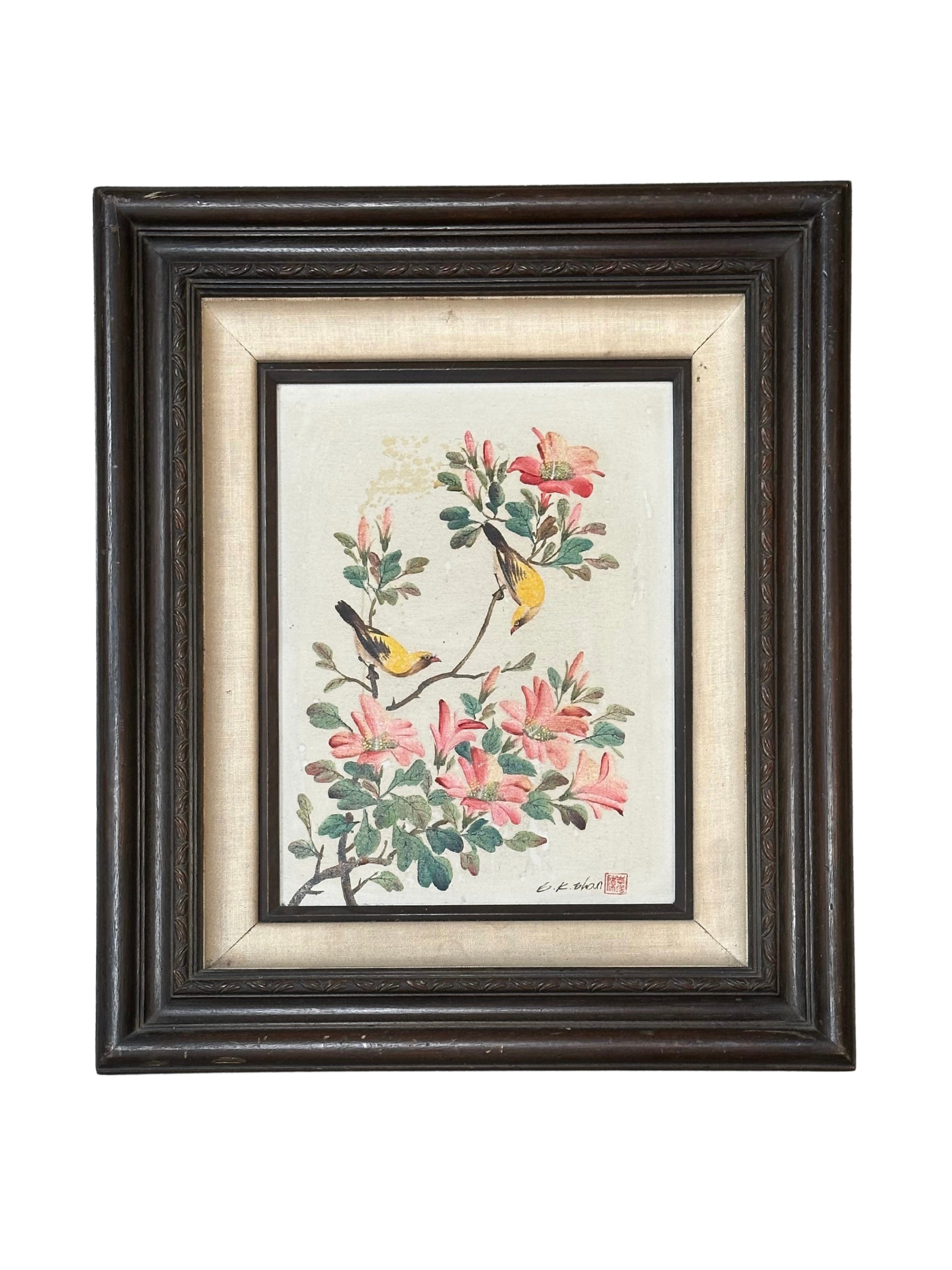 The Flower Painting features two yellow birds on flowering branches with pink blossoms and green leaves, set in a dark wooden frame with a cream-colored inner border.