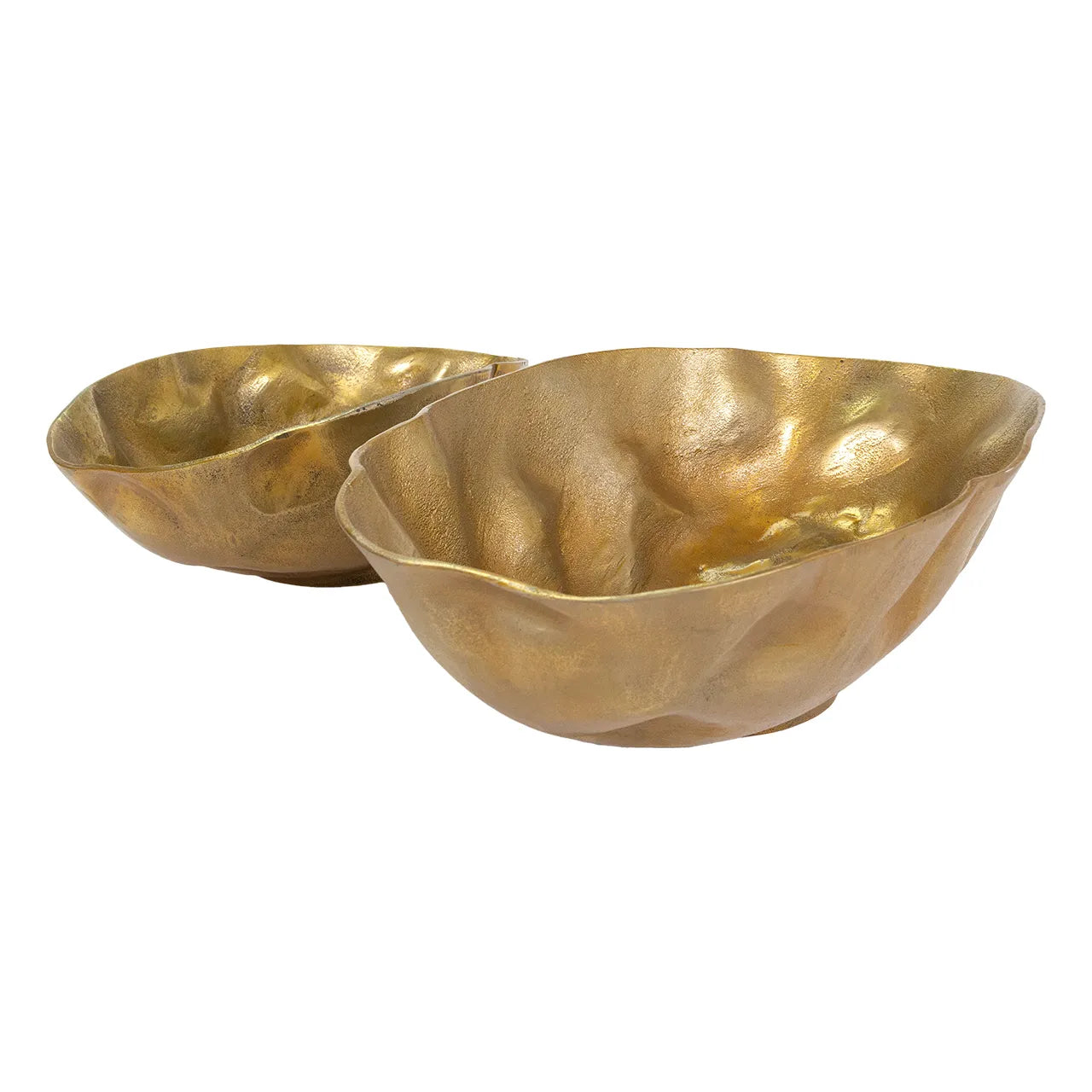 The Aluminum Nesting Bowl set features two irregularly shaped, gold-toned metal bowls with textured surfaces—a small and a large bowl—placed side by side on a white background.