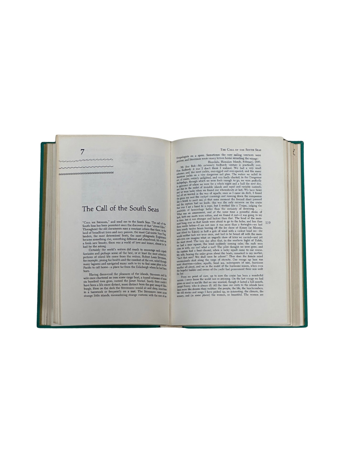 A Generic Vintage Book "shelf filler" lies open on a plain white background, showing the chapter title "The Call of the South Seas" and dense text—ideal for unique bookshelf decor or decorative book displays.