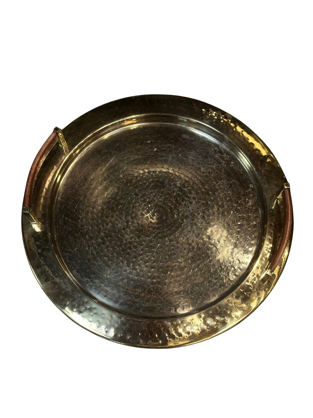 The Gold Brass Tray is a round, hammered brass serving tray with two brown handles, shown on a white background.