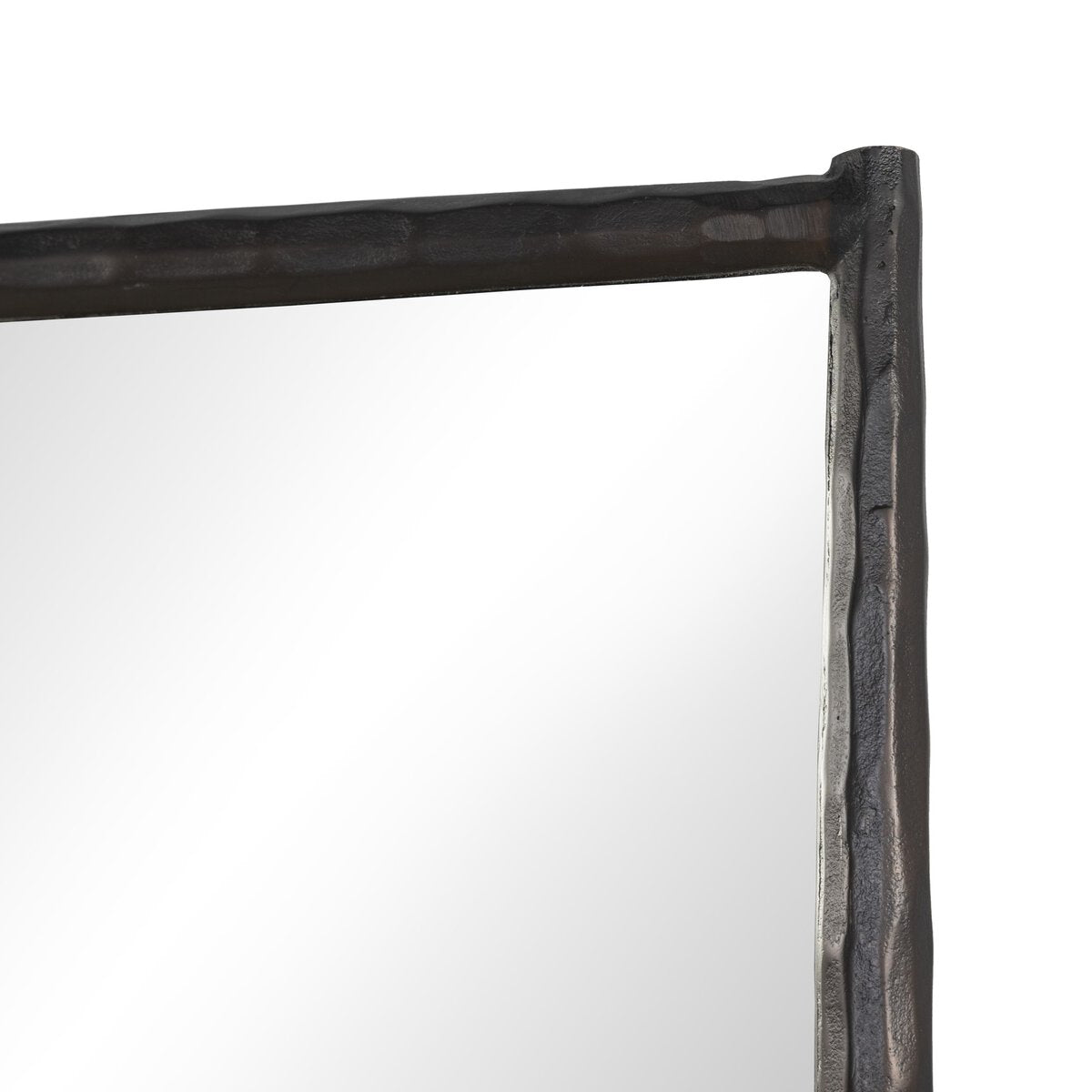 A close-up of the Tapered Floor Mirror, featuring bronzed aluminum framing and overall dimensions of 33.00"w x 79.75"h.