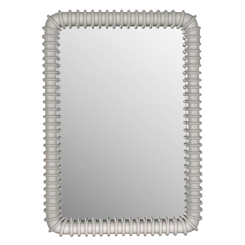 The Sculpted Mahogany Mirror features a wide textured frame with ribbed, spiral detailing. Measuring 26.5"W x 3"D x 37"H, it serves as bold wall art and striking dimensions decor for any softly lit, neutral space.