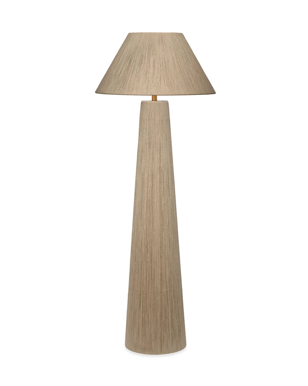 The Jute Floor Lamp features a tall conical fabric base and a matching conical lampshade, both crafted from a beige textured jute material, displayed against a plain white background. Designed with an E26 bulb fitting and a convenient 3-way socket, this stylish lamp offers customizable illumination for any space.