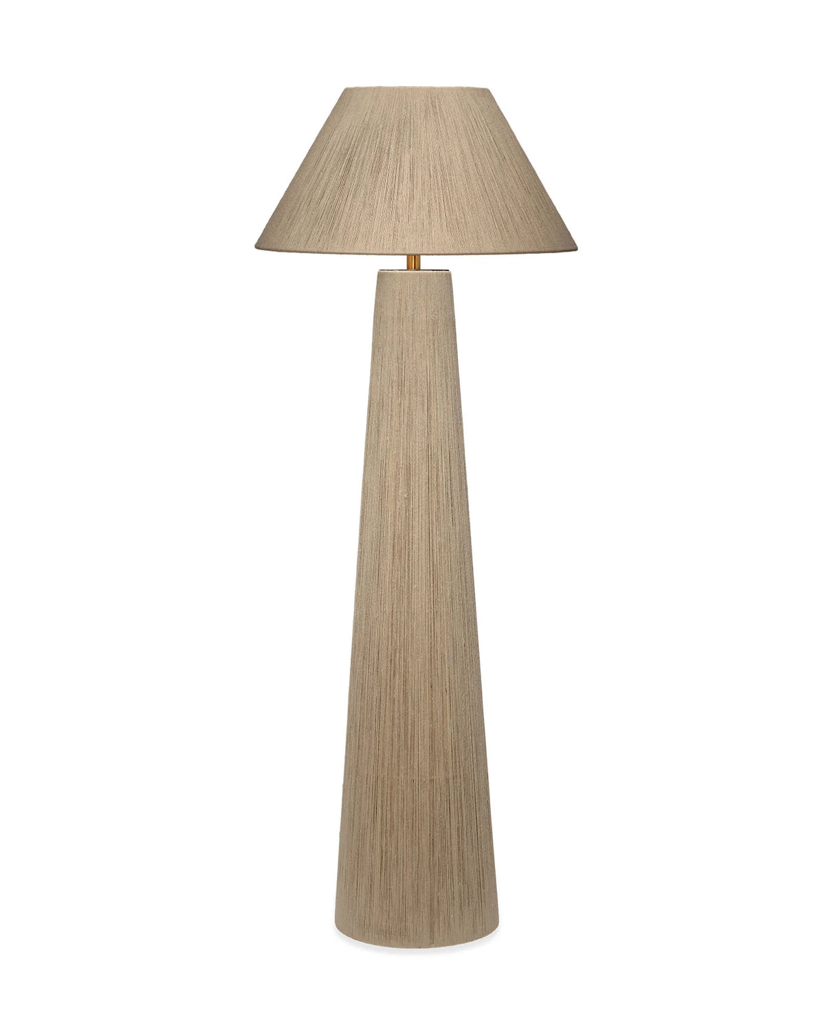 The Jute Floor Lamp features a tall conical fabric base and a matching conical lampshade, both crafted from a beige textured jute material, displayed against a plain white background. Designed with an E26 bulb fitting and a convenient 3-way socket, this stylish lamp offers customizable illumination for any space.
