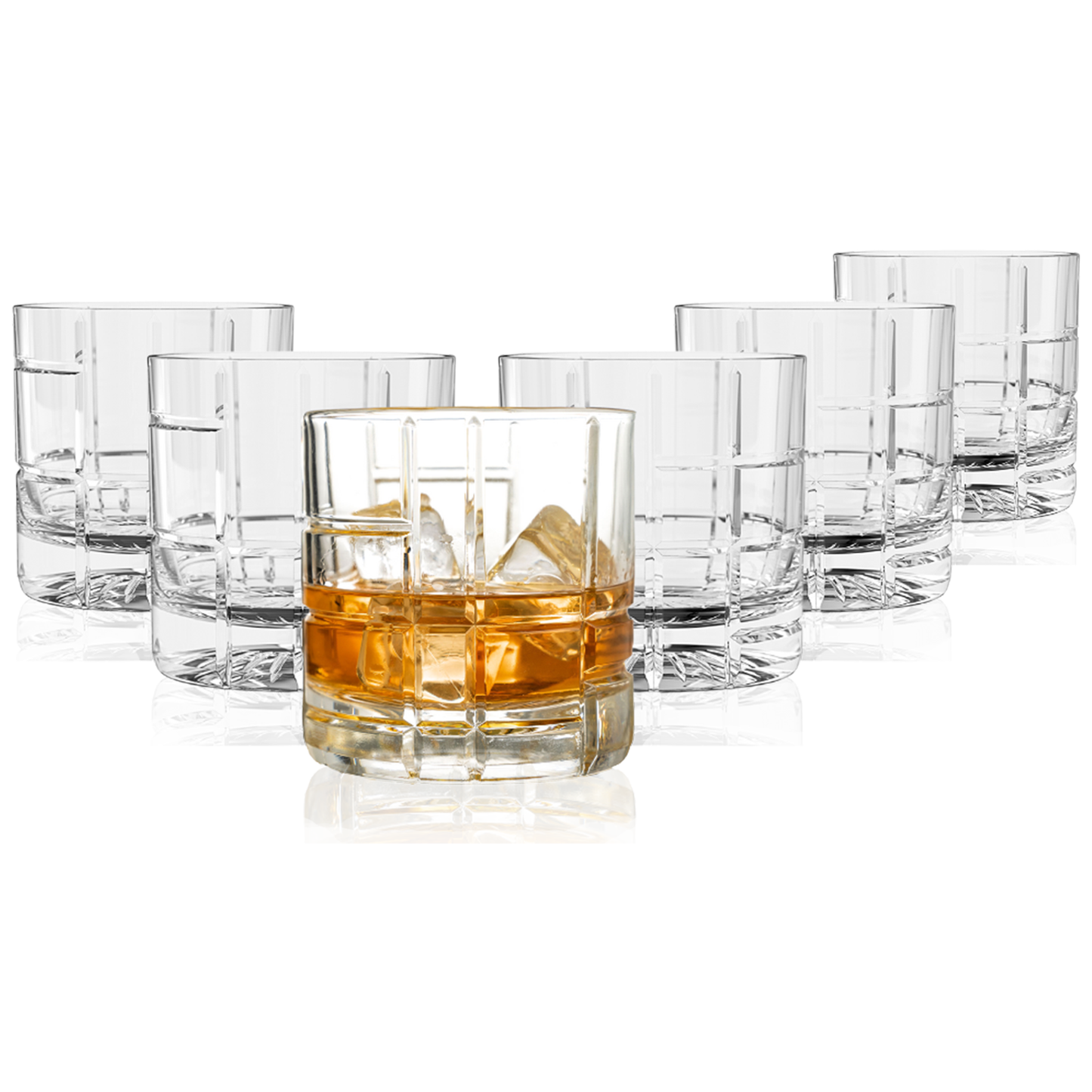 A LEMONSODA Premium Double Rocks Whiskey Glass (12oz) is filled with amber liquid and ice, while five identical glasses are empty—stylishly arranged in two rows, perfect for enhancing any home bar setup.