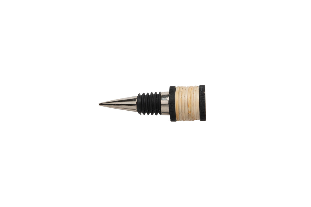 The Rattan Bottle Stopper features a pointed metal tip, black threaded midsection, and a beige, ridged rattan grip—perfect for any barware collection. Shown isolated on a white background.