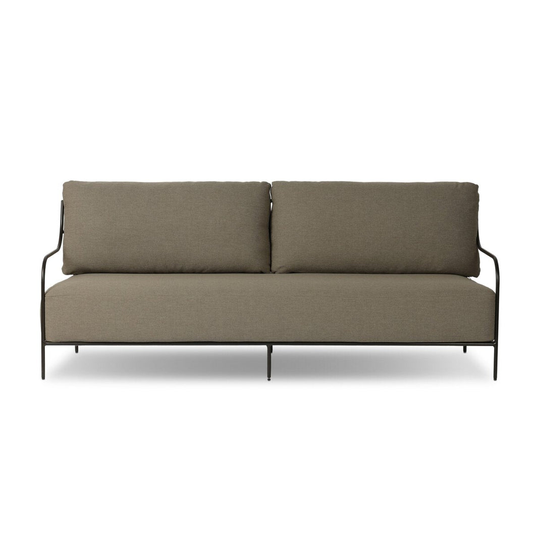 The Segovia Outdoor Sofa features olive green cushions and a slim black metal frame, seen from the front against a white background—ideal for those seeking modern style and compact sofa dimensions.