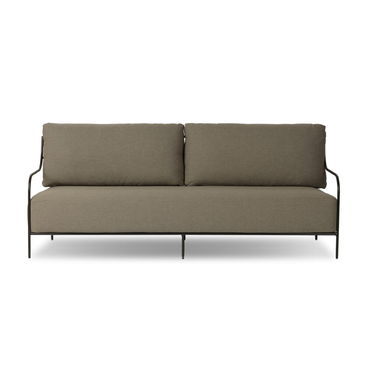 The Segovia Outdoor Sofa features olive green cushions and a slim black metal frame, seen from the front against a white background—ideal for those seeking modern style and compact sofa dimensions.
