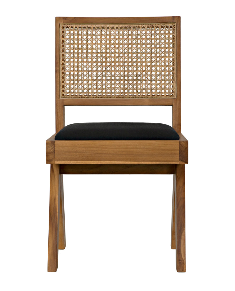 The Contucius Chair, Teak features a light brown teak frame, a woven cane backrest, and a black cushioned seat, shown from the front.