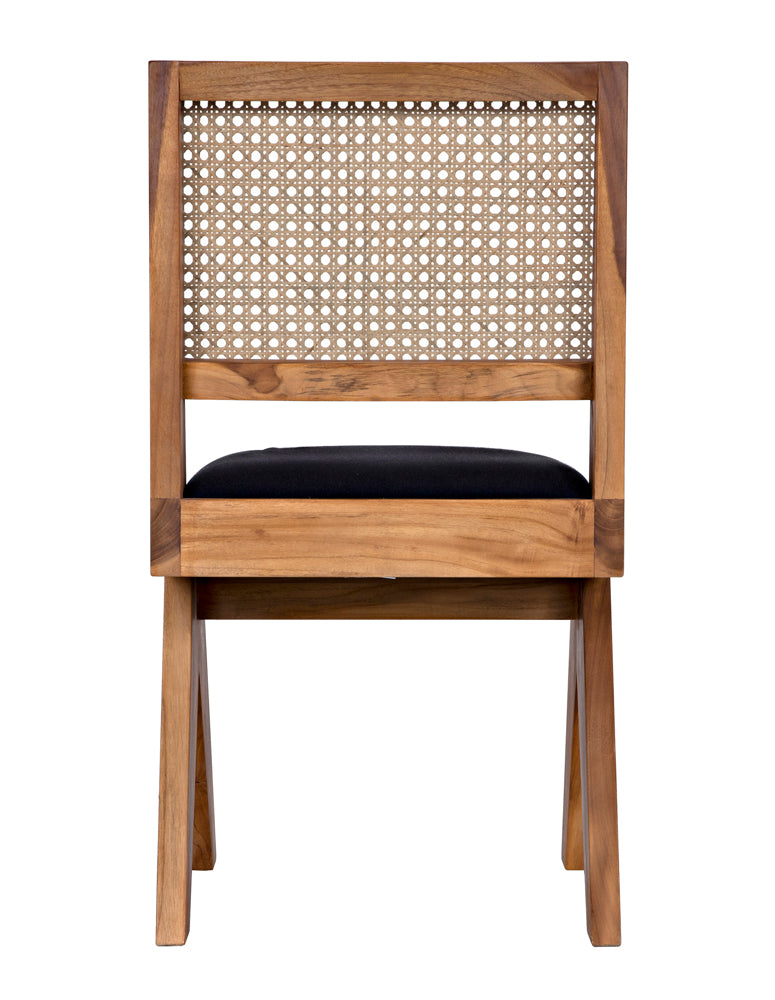 The Contucius Chair, Teak features a natural wood finish, straight legs, a woven rattan backrest, and a black cushioned seat. Its simple modern design is elegantly showcased when viewed from the back.