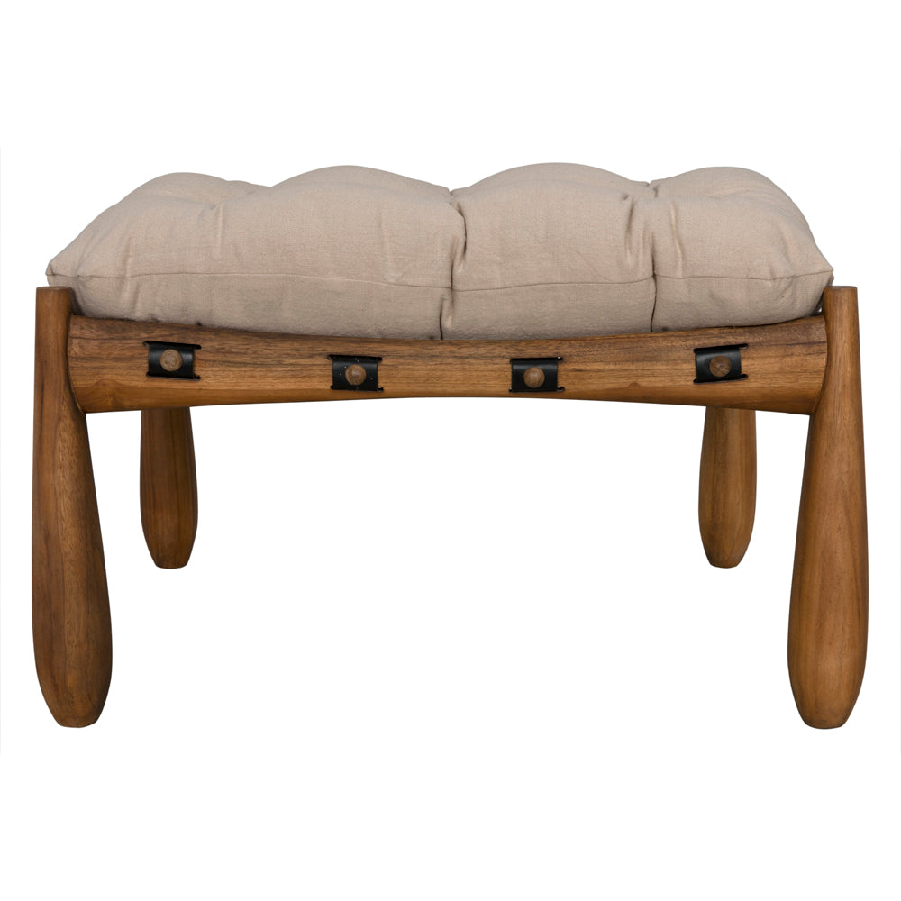 The Teak Stool with Tufted Upholstery features rounded wooden legs, a light beige tufted cushion, and visible black metal brackets connecting the seat to the frame for a blend of contemporary design and sturdy construction.