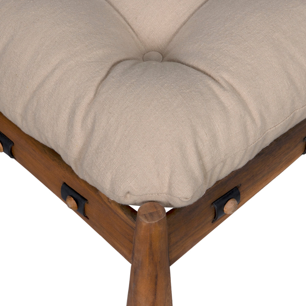 Close-up of the Teak Stool with Tufted Upholstery, featuring a beige premium cushioned seat on a wooden frame with visible bolts and rounded edges for a modern look.