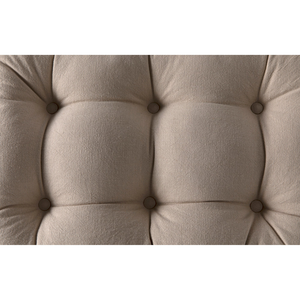 The Teak Stool with Tufted Upholstery showcases premium beige fabric in a grid of cushioned, button-accented squares, bringing contemporary elegance to any space.