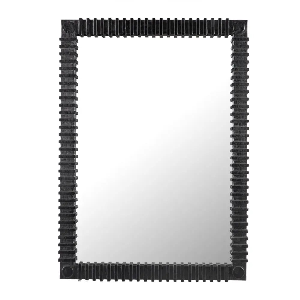 The Sculpted Teak Mirror is a 26x36-inch rectangular wall mirror with a textured black frame and evenly spaced ridges, set against a white background. It adds modern style to any room.
