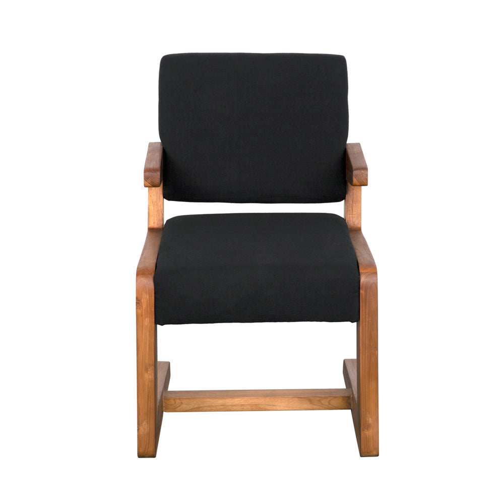 The Bruce Chair features a teak frame with straight armrests and black cotton cushioned seat and backrest, blending style and comfort—ideal for any modern living space.