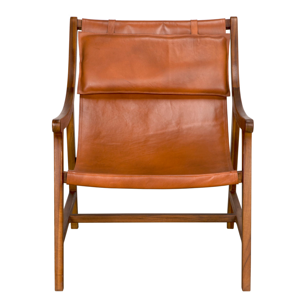 The Gilberto Chair features a teak frame and tan leather sling seat and backrest, shown from the front against a white background.