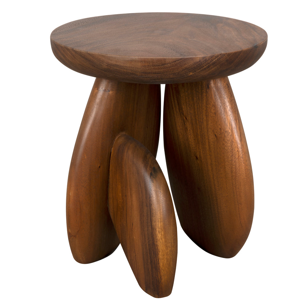 The Boko Side Table is a small, round modern accent table with a smooth top and three sculptural legs, all crafted from polished dark wood—perfect for adding style to any space.