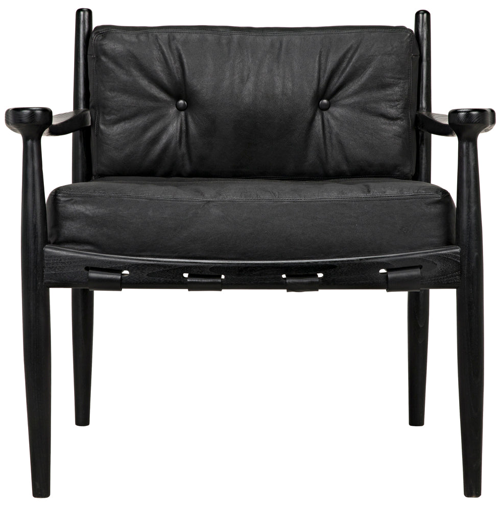 The Fogel Lounge Chair in Charcoal Black features a tufted back cushion, wide seat, leather upholstery, and a wooden frame with armrests and four straight legs.