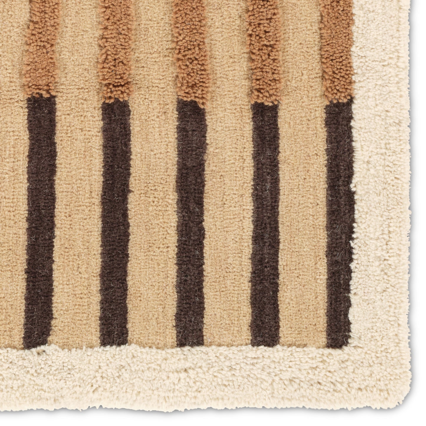 Close-up of the Abstract Modern Handwoven 105 | Rug, showcasing vertical dark brown and tan stripes on a beige background with a thick off-white border—ideal as a modern coastal accent for your space.