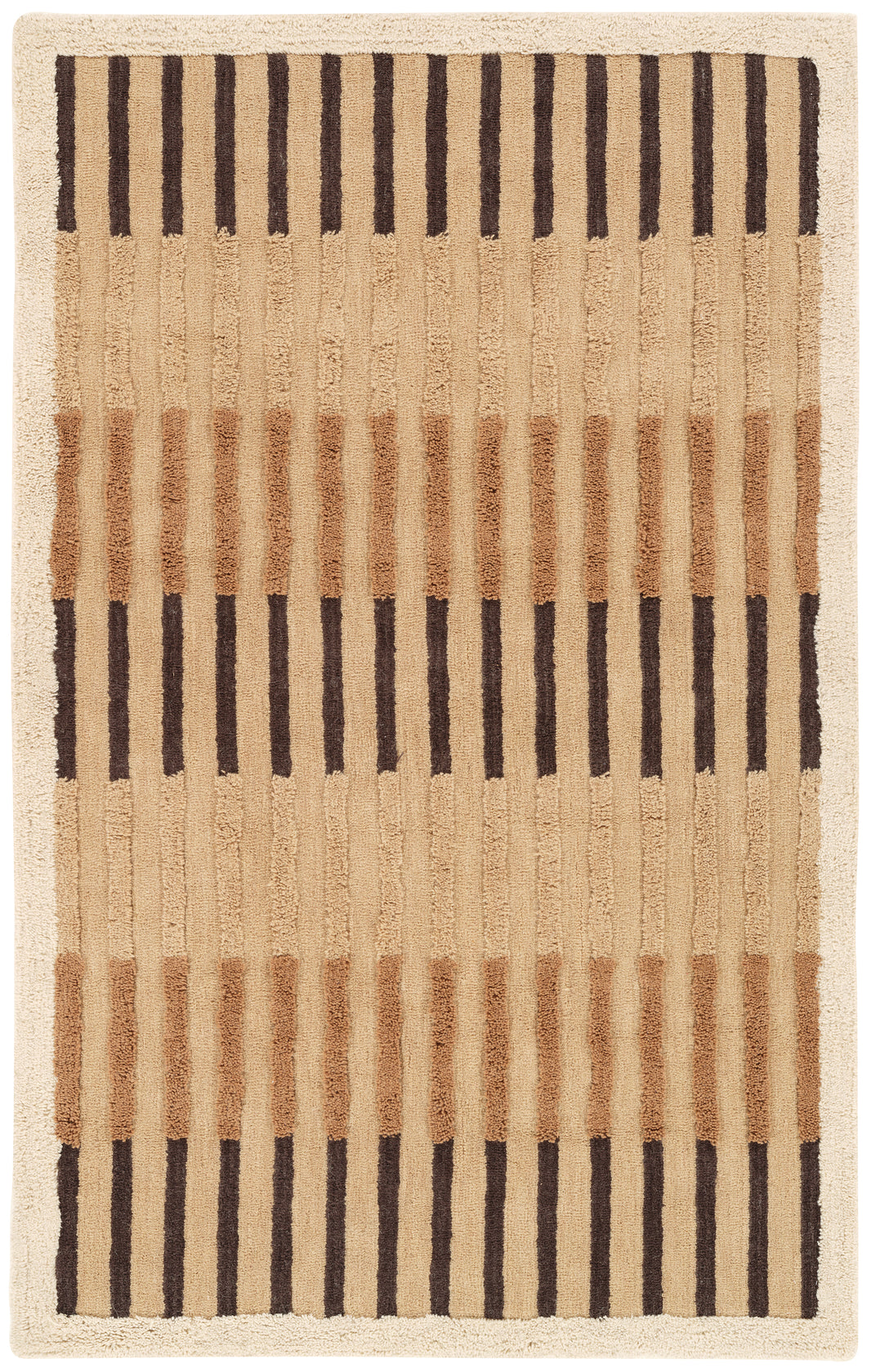 The Abstract Modern Handwoven 105 | Rug is a hand-loomed wool rug with alternating vertical stripes in beige and brown, featuring a plush, textured surface.
