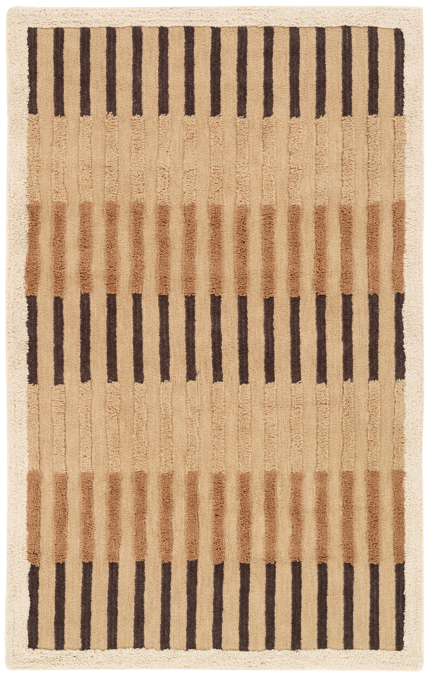 The Abstract Modern Handwoven 105 | Rug is a hand-loomed wool rug with alternating vertical stripes in beige and brown, featuring a plush, textured surface.