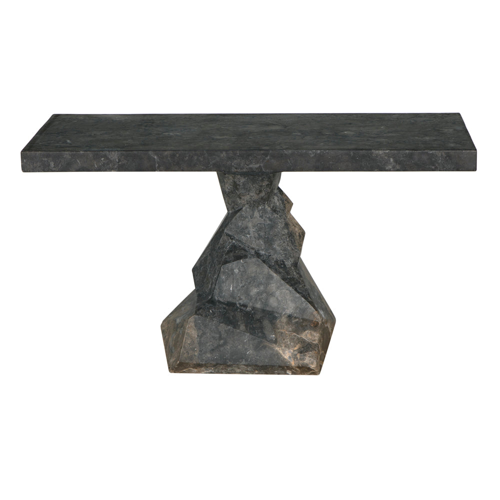 The Tilden Console, Black Marble features a rectangular dark marble top and a sculpted geometric base that resembles stacked rocks—a striking minimalist table perfect for contemporary entryways.