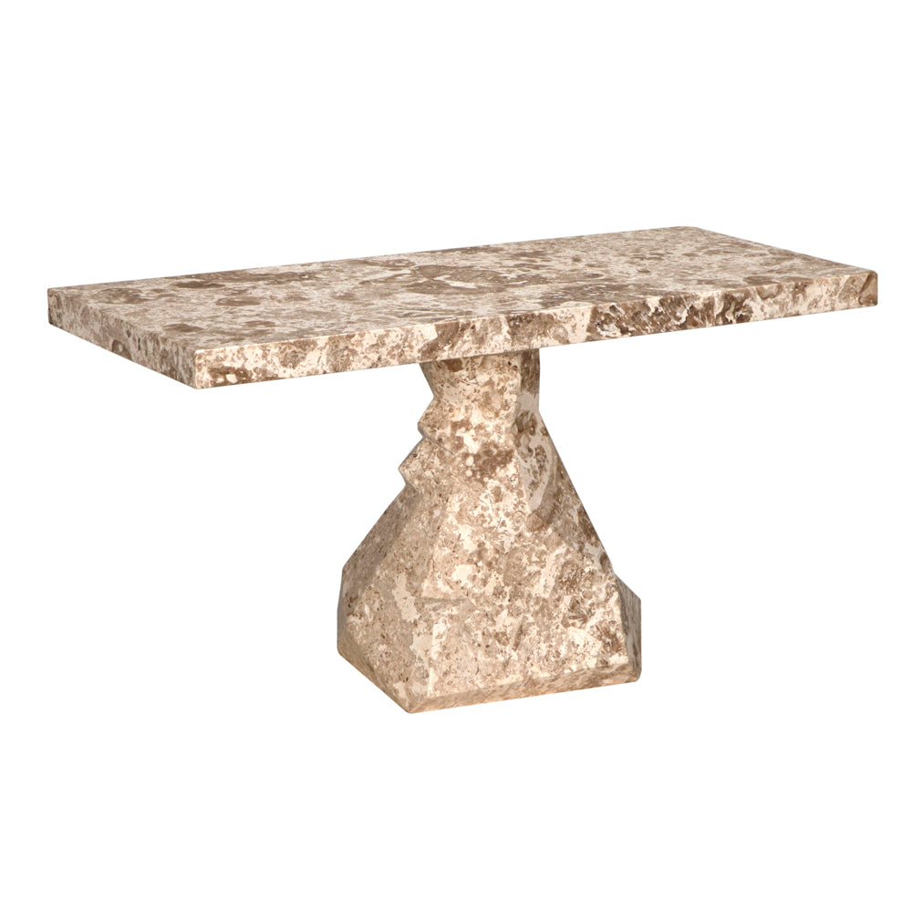 The Tilden Console features a rectangular, thick white marble tabletop and a geometric sculpted pedestal base, creating a striking, contemporary look.