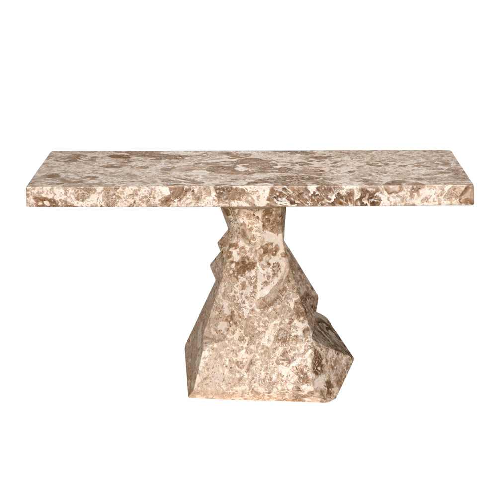 The Tilden Console features a thick, flat top and an angular pedestal base, crafted from white marble with elegant natural veining—bringing contemporary luxury to any space.