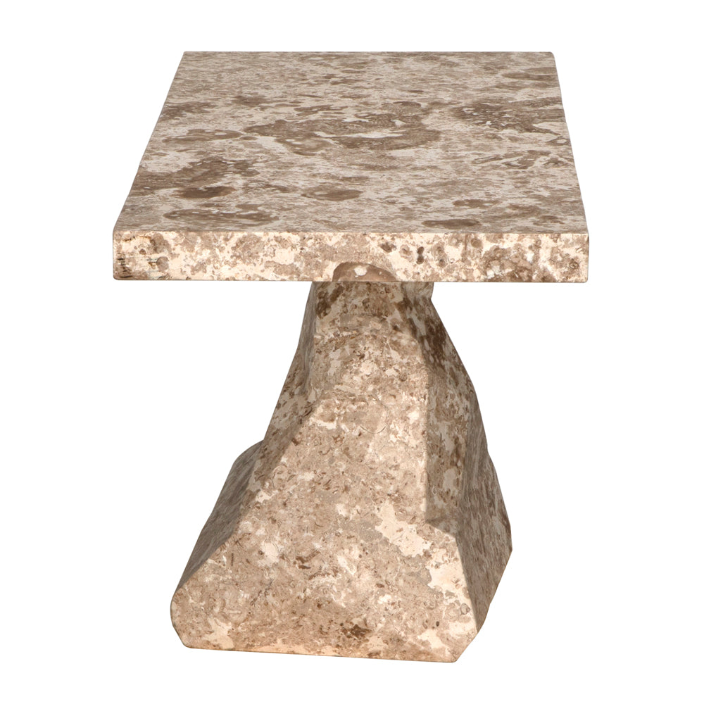The Tilden Console features a modern, square white marble top with an asymmetrical sculpted base and natural veining, creating a stylish focal point that perfectly complements contemporary living spaces.