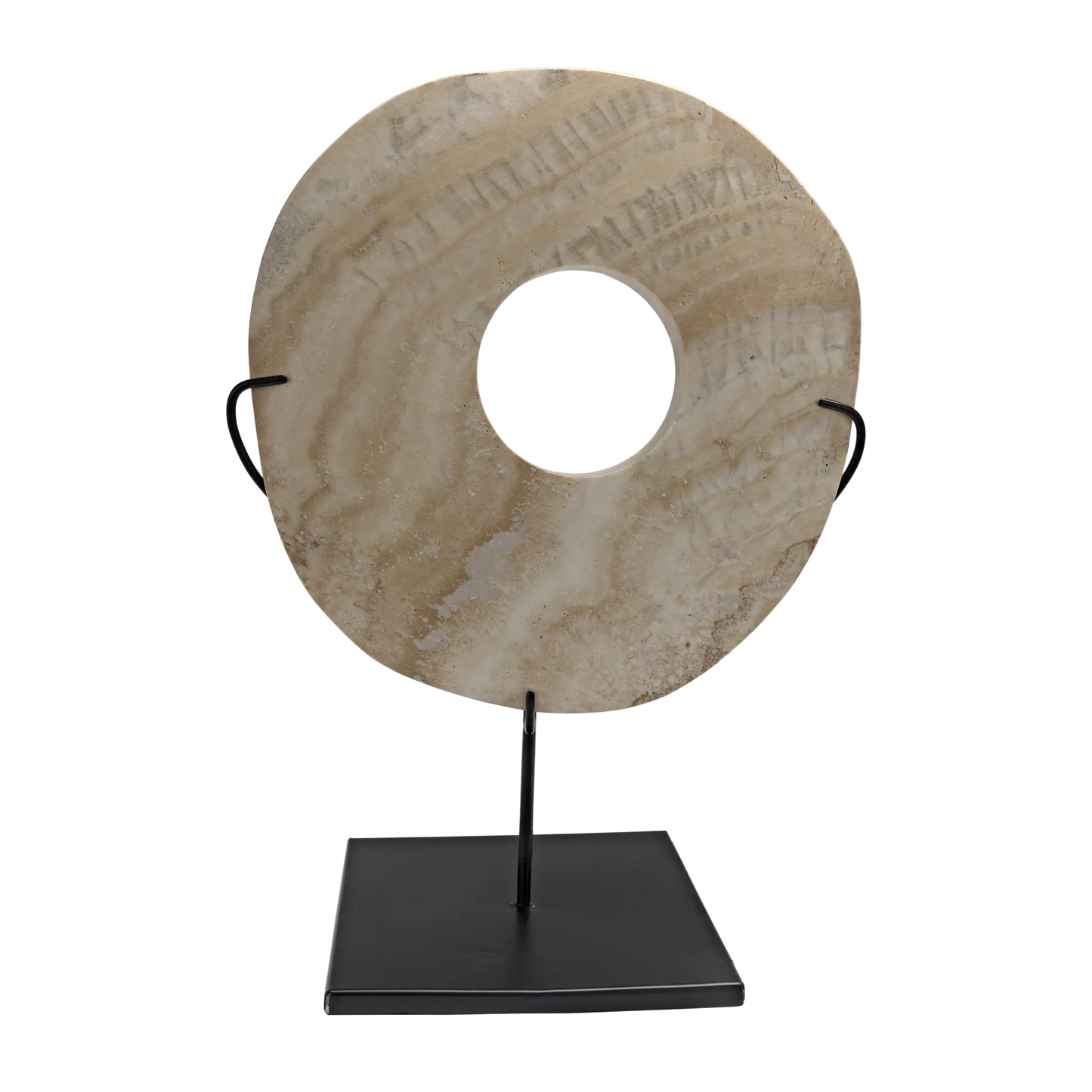 The Onyx Ring On Stand is a round, beige natural onyx ring with a central hole, set upright on a black metal stand with two side supports and displayed against a plain white background.