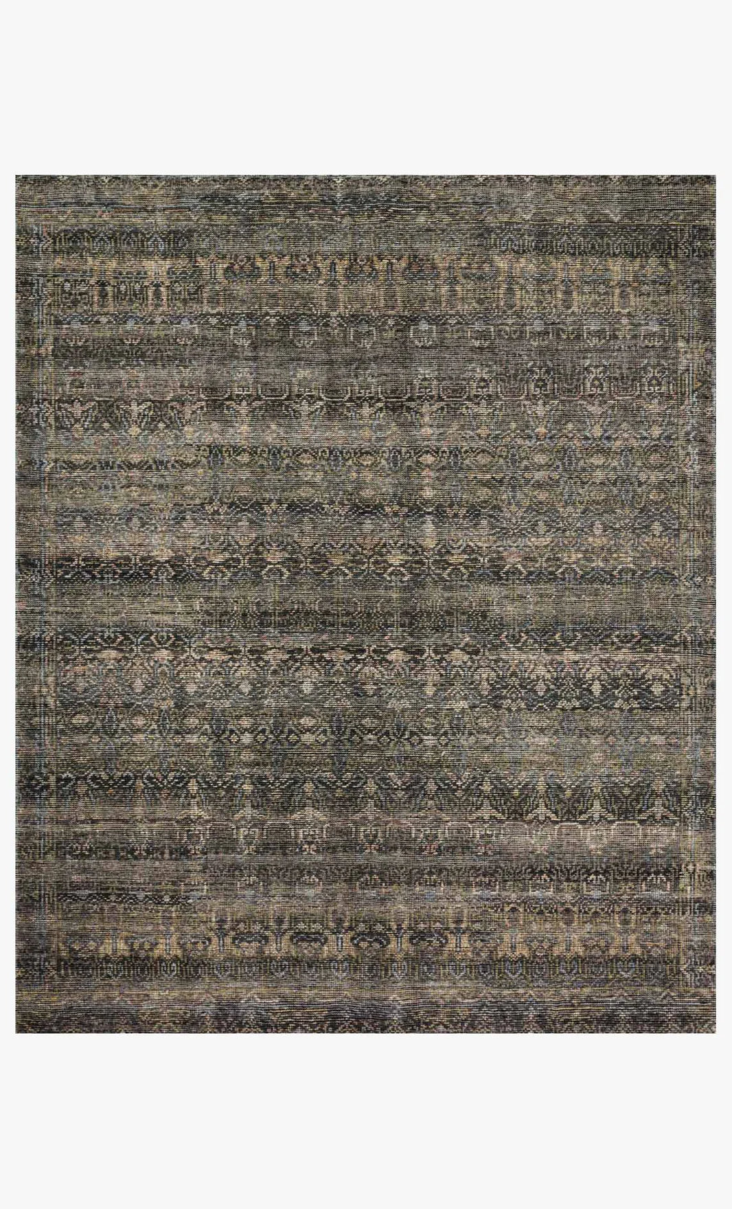 The Faded Multi Color Rug 8x10 is a rectangular hand-knotted area rug with a distressed vintage pattern in muted brown, gray, and green tones, featuring intricate geometric and floral motifs.