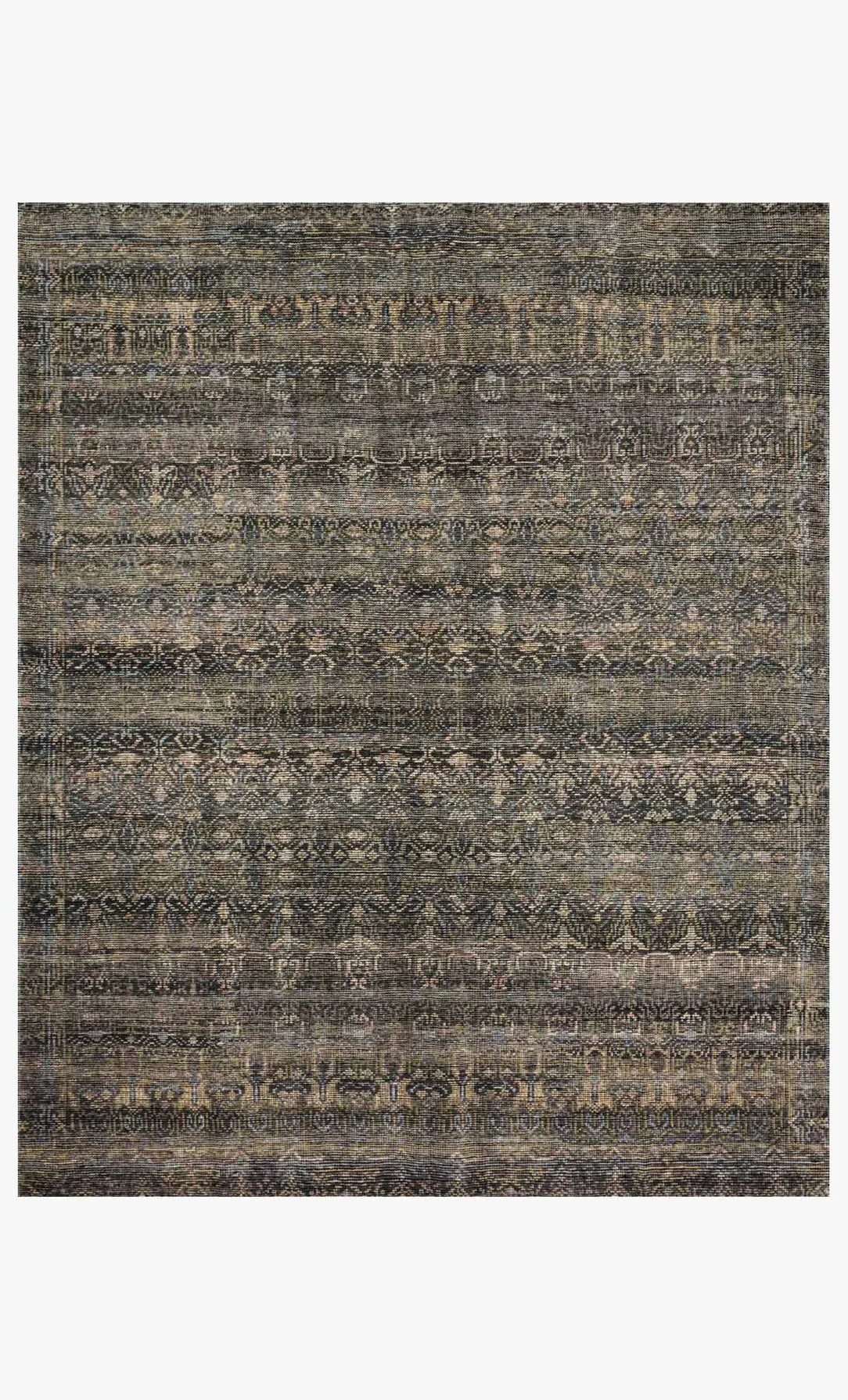 The Faded Multi Color Rug 8x10 is a rectangular hand-knotted area rug with a distressed vintage pattern in muted brown, gray, and green tones, featuring intricate geometric and floral motifs.