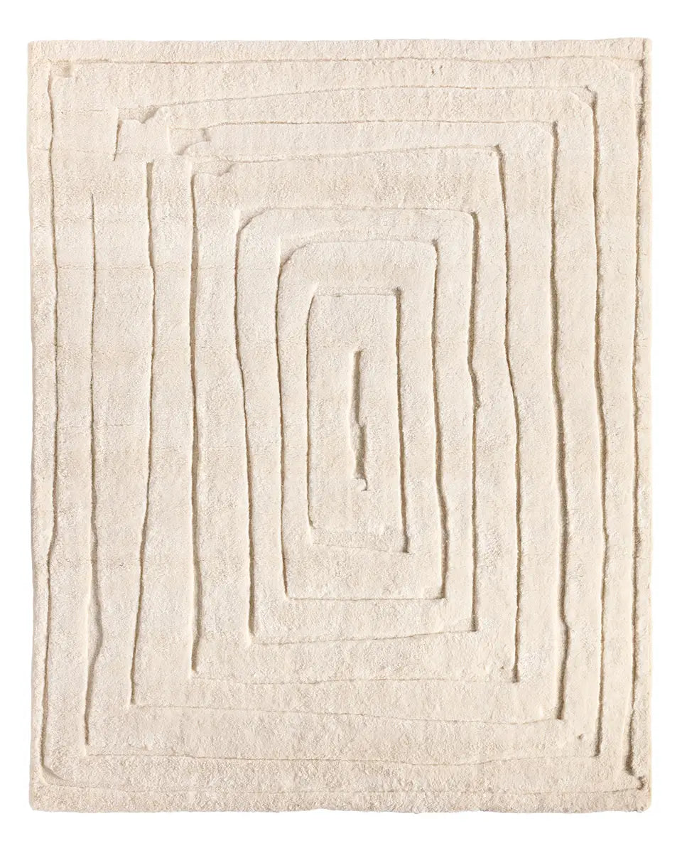 The Centric Linear Wool Rug 10 x 14 is a rectangular, beige modern handmade rug with a raised geometric pattern of concentric rectangles for a stylish, textured look.